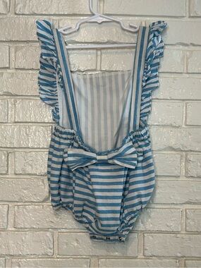 Lil Cactus Blue & White Striped Romper with Ruffle Straps and Bow Back 2Y